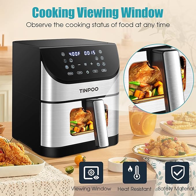 Air Fryer TINPOO 6.2 QT Oilless Large Capacity 1500W Oven Air Fryers Healthy Cooker with 10 Preset, Visual Cooking Window, Non-Stick Basket