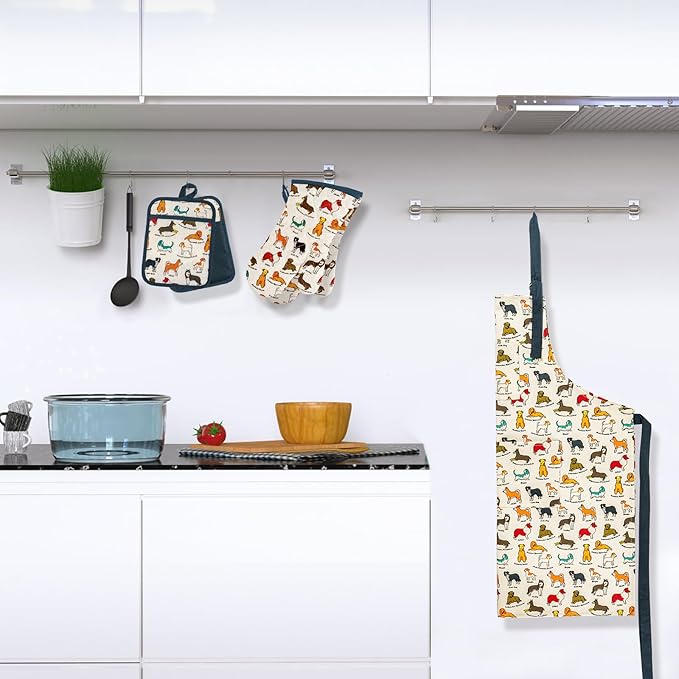 Alselo Oven Mitts and Pot Holders with Chef Apron,Set of 5 Heat Resistant Kitchen Gloves and Silicone Non-Slip Potholders Adjustable Neck Buckle Chef Apron, Cotton Nice Design for Cooking (Dog)