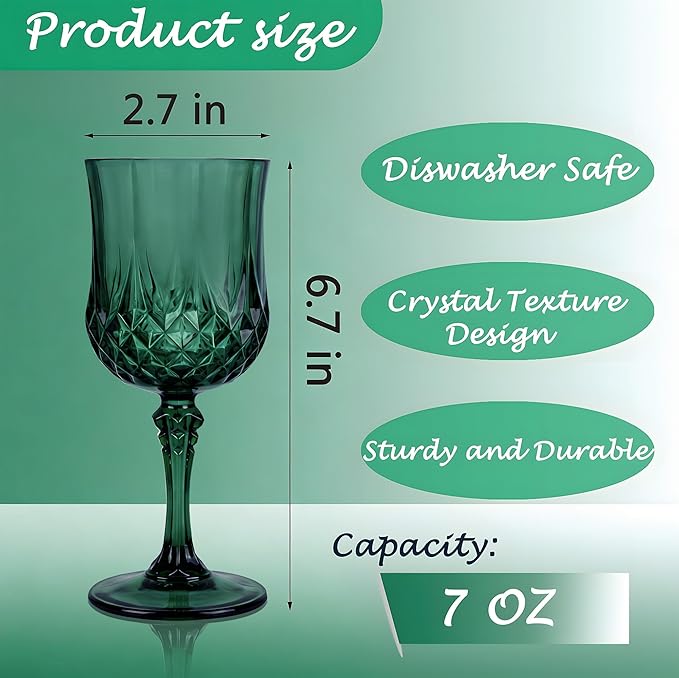 Plastic Wine Glasses, Plastic Goblets Vintage Style Cordial Unbreakable Drinking Glasses, Reusable Drinkware for Wedding Reception, Grand Event Party Supplies (48, Green)