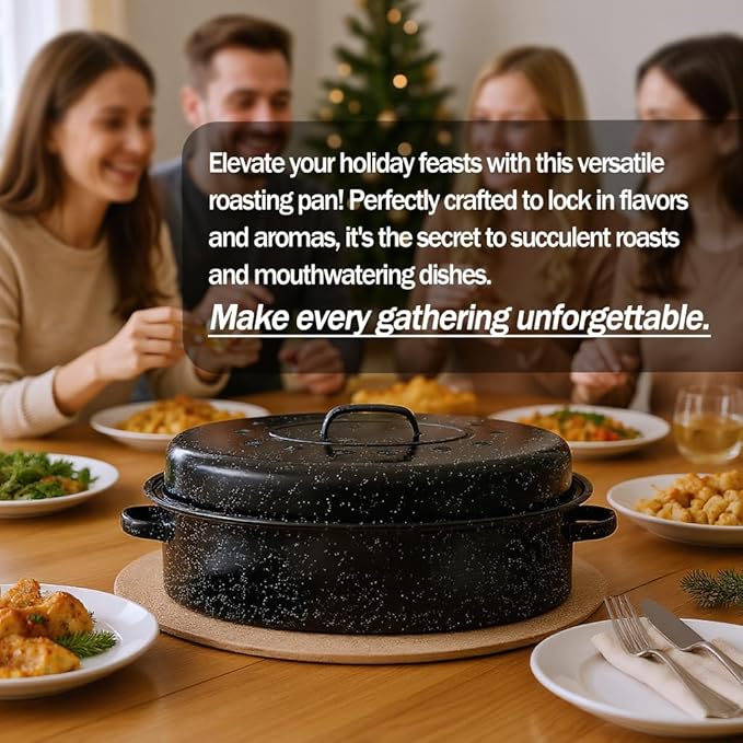Large Roasting Pan with Lid and Rack 19"Granite Turkey Roaster Pan Set Enameled Steel Design Suitable for Turkey Versatile Cooking Barbecuing,Dishwasher Safe Cookware Holiday Gifts 1
