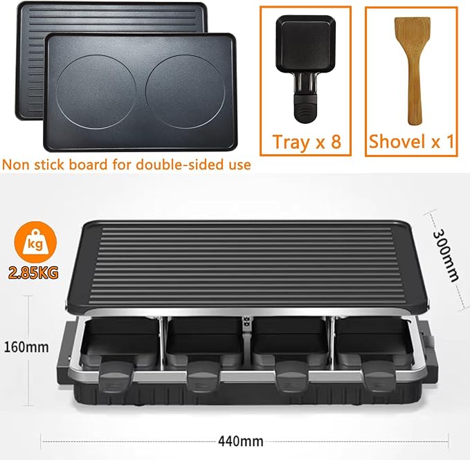 Indoor Grill Table Smokeless Portable Griddle Raclette Grill Nonstick with 8 Cheese Maker Pans Temperature Control & Dishwasher Safe 1300W Ideal for Parties and Family Fun