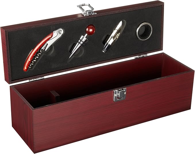 True Cherry 1-Bottle Wine Accessories Gift Set | Premium Corkscrew Opener Kit, Drip Ring, and Wine Pourer and Stopper in Wood Case with Padded Insert