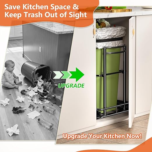 Under Sink Trash Can Pull Out, Reinforced Heavy Duty Steel Frame Slider, No Can/Fits 7-13 Gal 50Qt Garbage Bin/Quiet Close Slides, Pull Out Trash Can Under Counter for Minimum Cabinet 13"Wx19"Dx17"H
