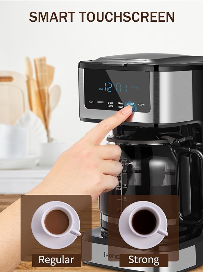 Ihomekee Coffee Maker, Programmable Drip Coffee Maker 12 Cup, Regular & Strong Brew Drip Coffee Machine with Iced Coffee Function for Home and Office, Black & Stainless Steel (Black,Silver)