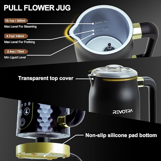 Milk Frother with Touchscreen & Temp Display, 4-in-1 Electric Milk Steamer for Hot & Cold Foam, Adjustable Temperature, Silent Operation, 300ml Non-Stick Frother for Coffee, Latte, Hot Chocolate