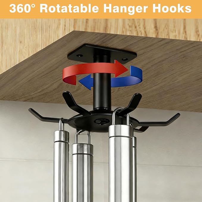 Utensil Hooks, 2 Pack Metal Steel Kitchen Utensil Hangers Rack 360° Rotating Under Cabinet Utensil Hooks Top Mounted with 6 Rotatable Claws for Cabinet Kitchen Bathroom