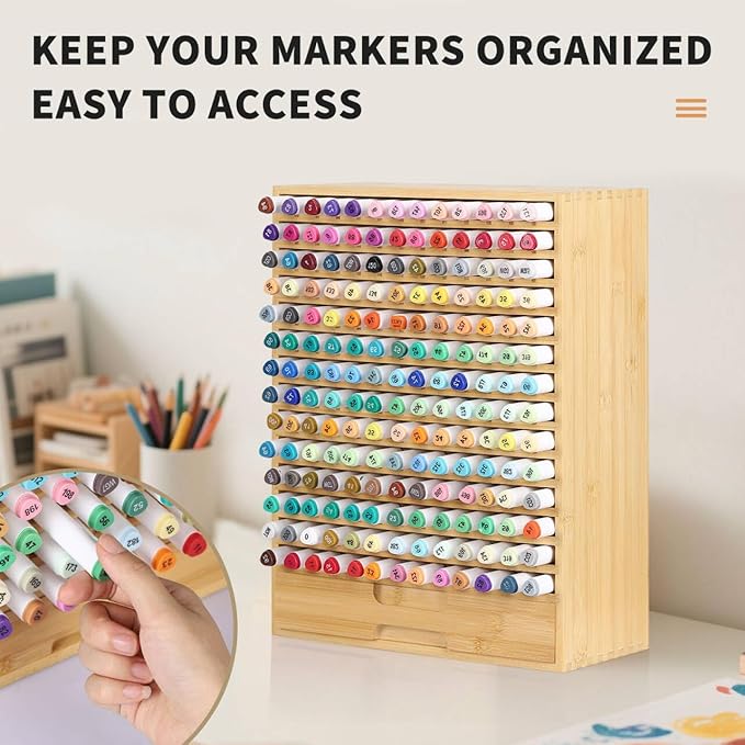 AUTOARK Natural Bamboo Marker Organizer with Drawer,182 Slots,Large Art Supply Storage for Artists,Teachers,Students - No Assembly Sturdy Desk Organizer for Classroom Office Decor,AHK-065