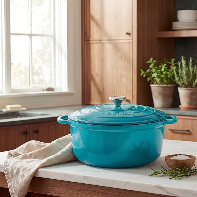 Zulay Kitchen 5 Quart Enameled Cast Iron Dutch Oven Pot with Lid – Premium Durability & Oven Safe up to 500°F – Heavy Duty Cookware Perfect for Bread Baking, Stews, Braising & Roasting – Light Blue