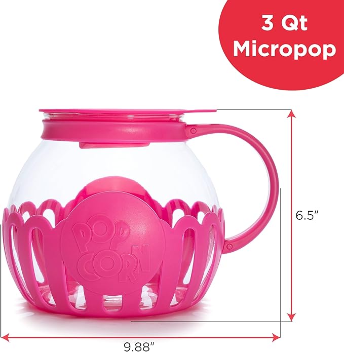 Ecolution Patented Micro-Pop Microwave Popcorn Popper with Temperature Safe Glass, 3-in-1 Lid Measures Kernels and Melts Butter, Made Without BPA, Dishwasher Safe, 3-Quart, Hot Pink