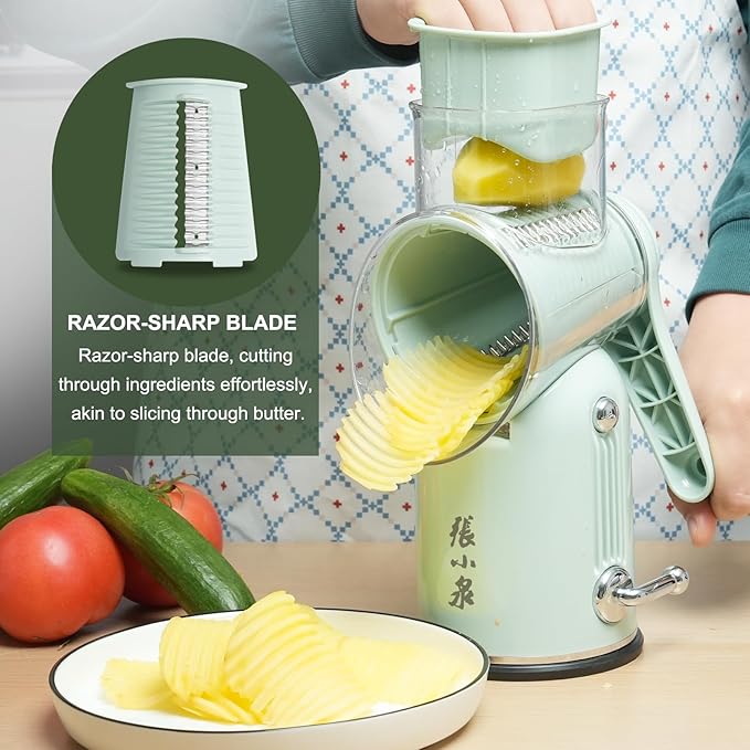 ZHANG XIAO QUAN SINCE 1628 5-in-1 Interchangeable Blades Rotary Cheese Grater Hand Crank, Cheese Shredder Mandoline Vegetable Julienne Slicer Cutter Nut Chopper with Anti-Slip Base, Green