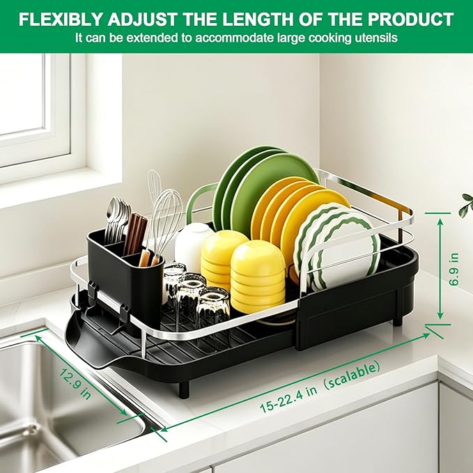 Dish Drying Rack for Kitchen Counter, Expandable Dish Drainer with Drainboard Set and Removable Utensil Holder, Space-Saving Countertop Organizer