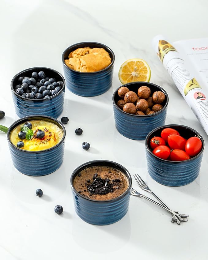 glowworm 8 oz Ramekins Set of 6, Ramekins Set of 6 for Creme Brulee Souffle, Porcelain Custard Cups for Baking, Oven, Microwave, Dishwasher Safe, Blue
