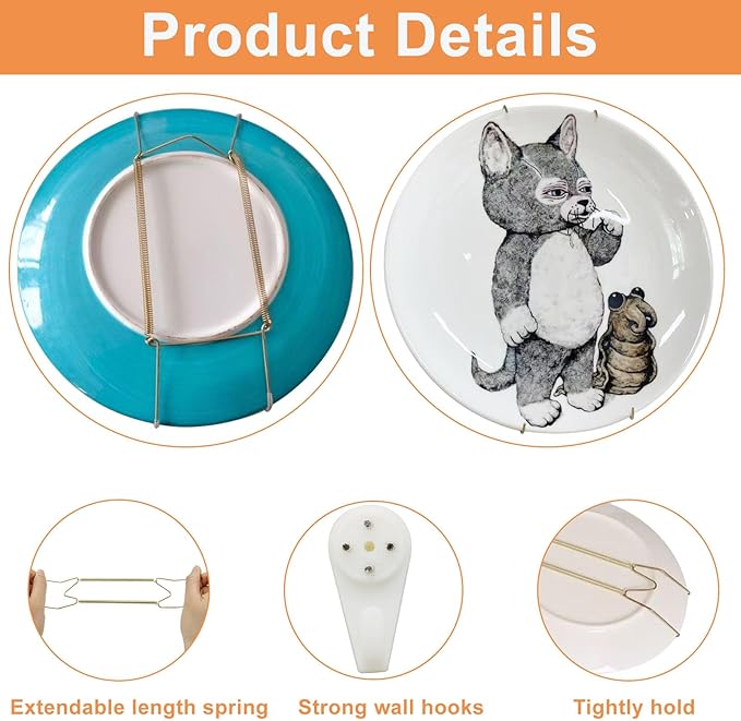 Plate Hangers for The Wall - Stainless Steel Invisible Heavy Duty Wire Plate Holder for 13-14 Inch Decorative Plates, Art Plates & Ceramic Plates with Wall Hooks