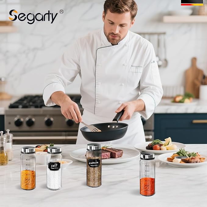 Segarty 10oz Glass Spice Jar with Adjustable Pour Holes Scale Lines, 1 Pack Empty Seasoning Bottle with Shaker Lid for Pepper Sugar, Large Spices Container with 8 Stickers, 1 Brush and 1 Chalk Marker