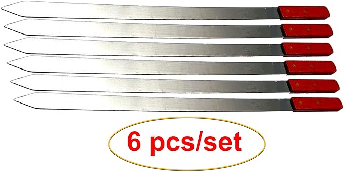 Premium Stainless Steel Barbecue Skewers BBQ Outdoor Grill Skewer stick Barbecue Fork with Solid Wood Handle for Grilling Shish Kebob Koubideh Persian Brazilian Kebab 1" wide + 1 Free Skewer (6pcs)