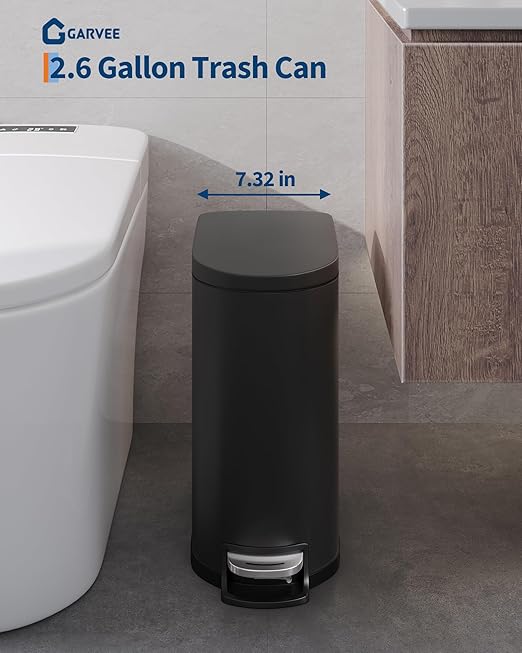 Garvee 13 gal (50 L) and 2.6 gal (10 L) Metal Trash Can Combo Set, Rustproof Garbage Can with Lid, Step-on Trash Bin with Inner Bucket, Rear Handle, Black