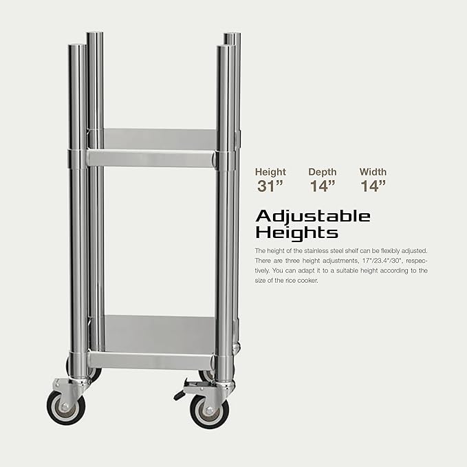 PANTIN® 14” x 14” Stainless Steel Rice Warmer Stand and Cart with Wheels & Brakes – Adjustable Height Stand for Commercial Food Warmers, Large Rice Cookers, and Commercial Cooking Equipment Stand