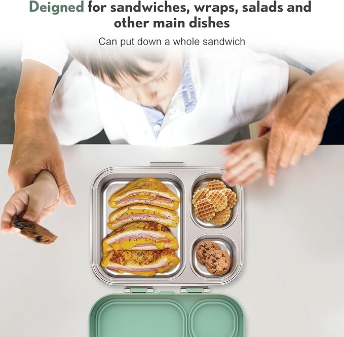 Howeemo Stainless Steel Bento Box Kids, Leak Proof Metal Bento Lunch Box,3 Compartments 304 Stainless Steel Bento Lunch Containers for School and Office, BPA-Free(Green)