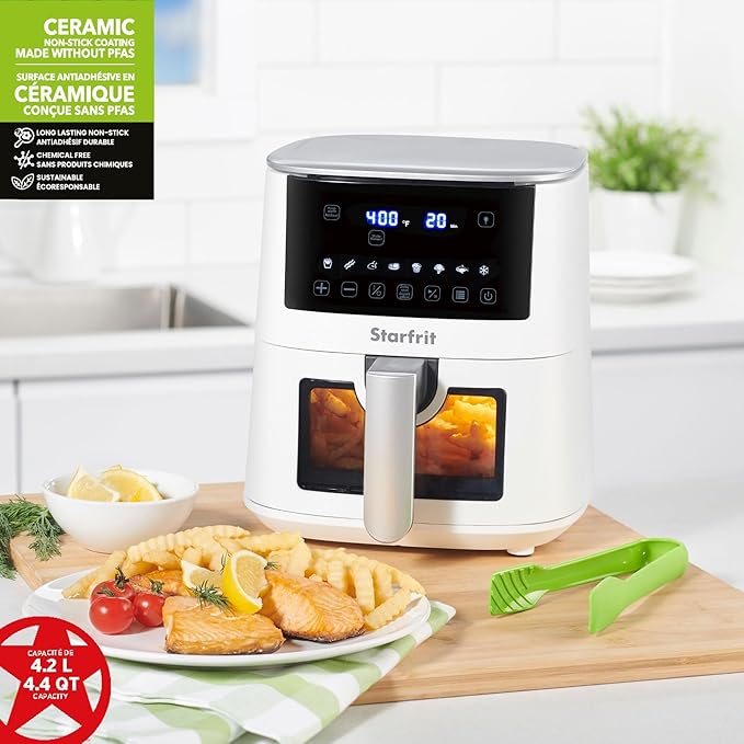 Starfrit Electric Digital Air Fryer - 4.2L Capacity - Ceramic Non-Stick Surface - 8 Preset Functions - Viewing Window -1400W