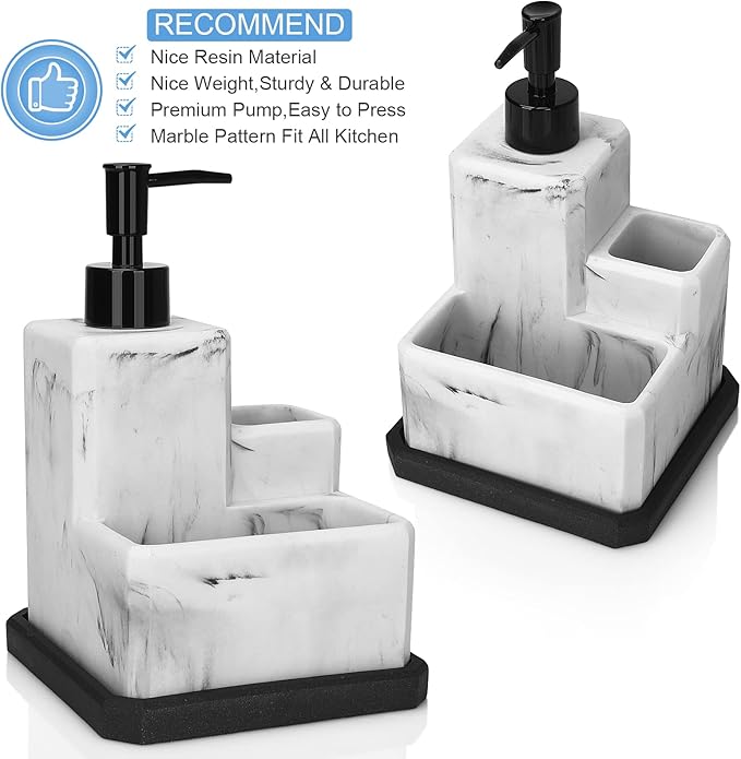 Soap Dispenser with Sponge Holder and Brush Holder,White Marble 3 in 1 Liquid Hand Dish Soap Dispenser and Sponge Holder Sink Caddy Organizer for Kitchen Bathroom,Removable Bottom Tray