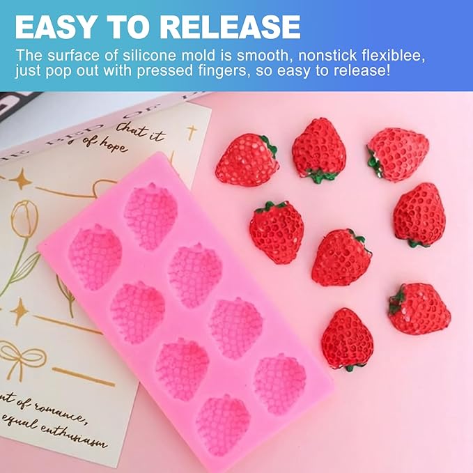 CoguZed 4 Pcs Strawberry and Bow Silicone Molds, Fruit and Leaf Fondant Mold for Chocolate, Candy Making, Cake Decorating and Clay Crafting