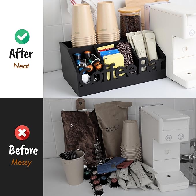 Coffee Bar Organizer for Countertop – Wooden Coffee and Tea Station Caddy with Tray for Pods, Cups, Condiments, and Accessories – Kitchen or Office Counter Storage (Medium Size -Black)