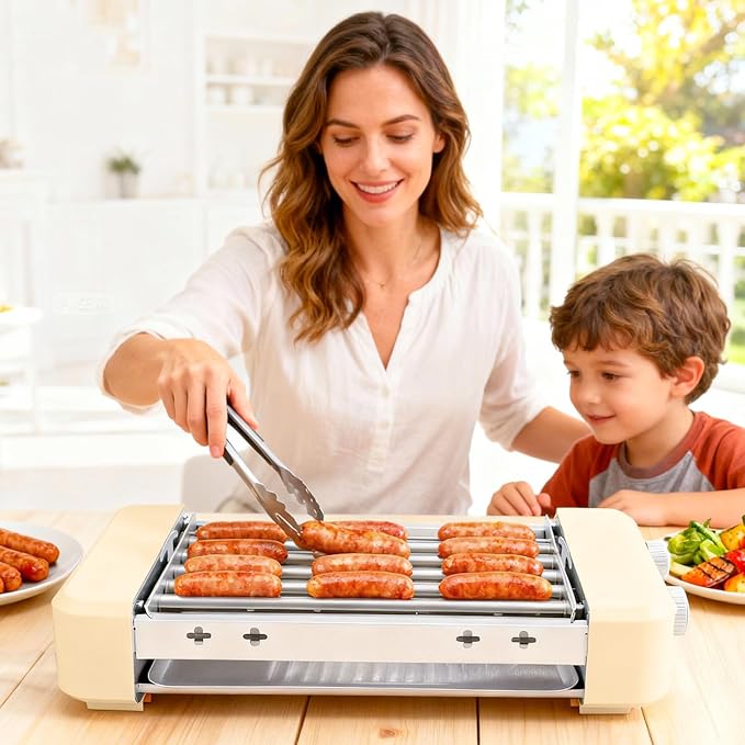 Electric Hot Dog Roller 3 in 1 Indoor Grills Portable with Non-stick & Smokeless Removable Grill & BBQ Griddle Plate, Stainless Sausage Grill Cooker Machine Fits 9 Sausage for Family Party