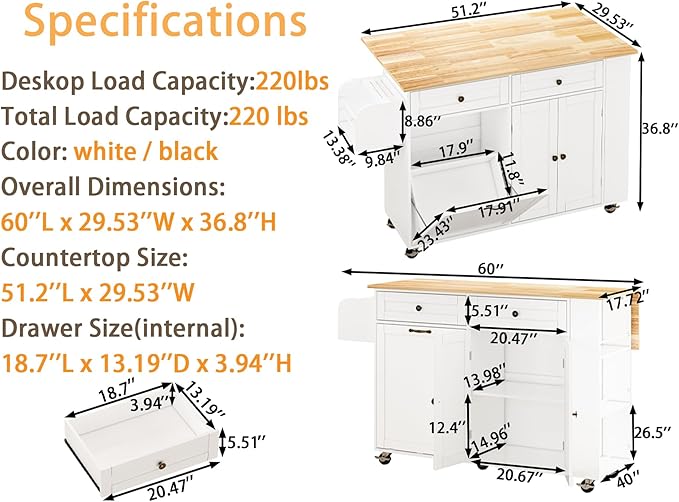 60'' Rolling Kitchen Island with Drop Leaf, Storage Islands Cart with Tilt Out Trash Can Cabinet, Rubber Wood Tabletop, Knife Holder, Wheels, White