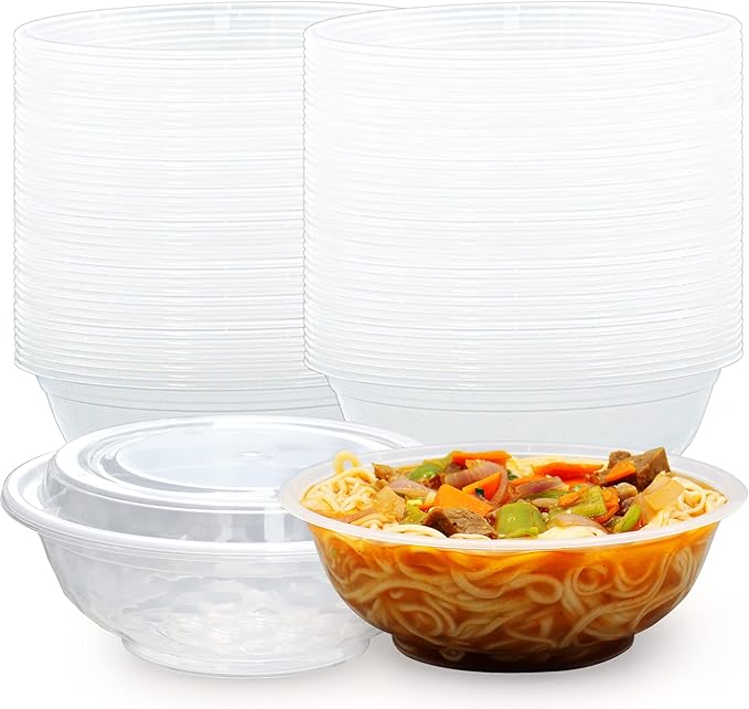 POPMISOLER 150 Pcs Stackable Meal Prep Bowl Containers, Food Takeout Bowls Reusable,Black Disposable Meal Prep Bowls With Lids. (24oz-transparent)