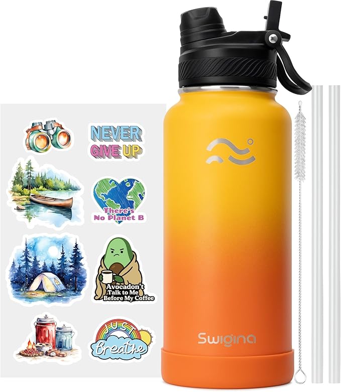 Swigina [2-IN-1 LID] Insulated Water Bottle with Silicone Boot (36hrs Cold/18hrs Hot) - DIY Stickers, Leakproof, BPA Free, 32 oz