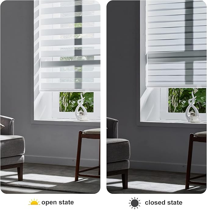 Persilux Cordless Zebra Blinds for Windows Shades (35.5" W x 72" H, White) Dual Layer Fabric Light Control for Day and Night Room Darkening Sheer Roller Shades for Home, Bedroom and Office