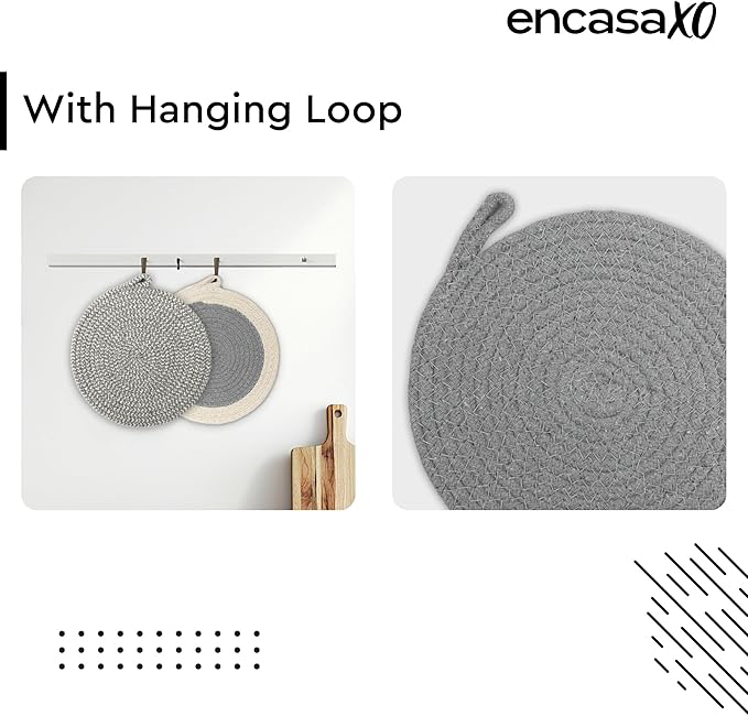 Encasa XO Round Trivet Mats for Hot Dishes with Hanging Loop | Grey Combo - Set of 3 with 7 inch Diameter | Cotton Round Thick Heat Resistant Pot Holders | Use Hot Pads Plate Mats for Hot Pots & Pans