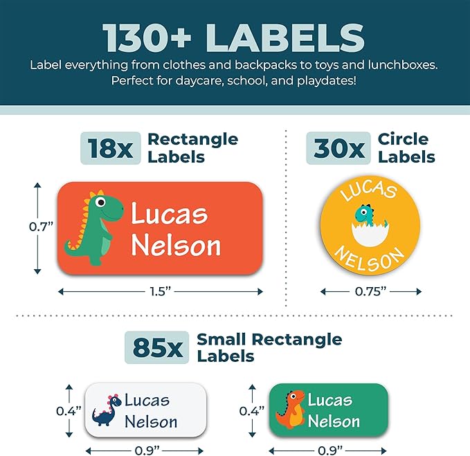 Personalized Daycare Name Labels for Kids (130 Labels) - Custom Waterproof Name Stickers for Clothing Tags, Water Bottles, Lunch Boxes and School Supplies (Dinosaurs)