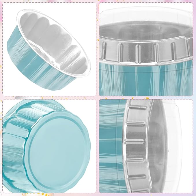 Tessco for you 100 Pcs Disposable Ramekins with Lids 8 oz Creme Brulee Ramekin Aluminum Foil Cup Cupcake Liner Baking Valentines Disposable Muffin Tin Pan Cheesecake Container (Blue,Silver)