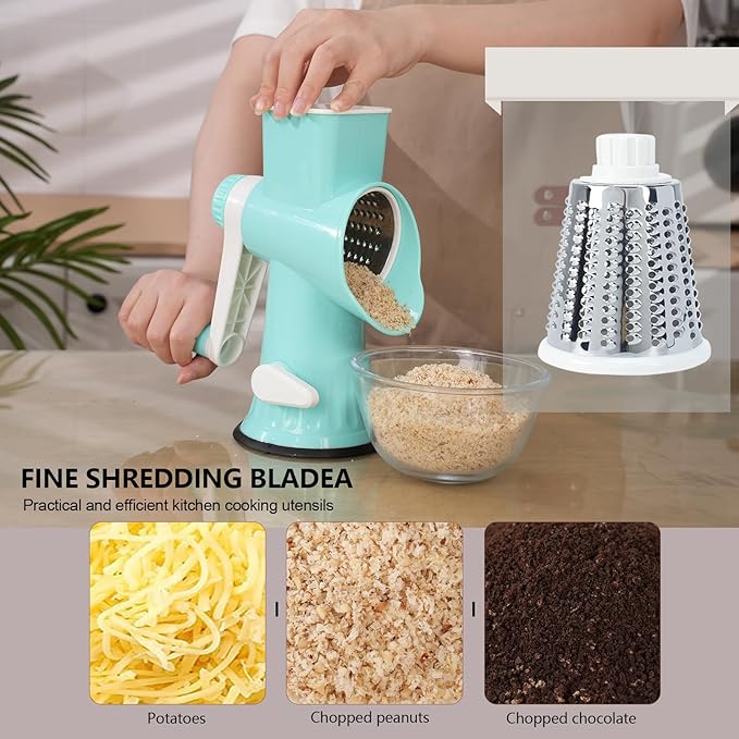 Rotary Cheese Grater with Handle-Versatile Cheese Grater Non-Slip Suction Base,Cheese Shredder & Food Slicer for Cheese,Carrots, Cucumbers,Nuts-Compact & Easy Clean Kitchen Kitchen Tool (blue)