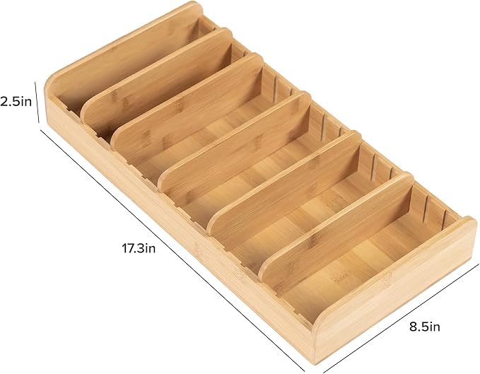 KitchenEdge Bamboo Kitchen Towel and Food-Storage Organizer, Perfect for Kitchen Drawers, Cabinets, Pantry, 5 Adjustable Wall Inserts, Organize & Store Plastic Food Containers