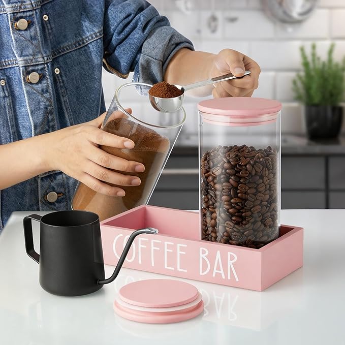 Pink Coffee Canister for Ground Coffee - 2 Pack 45oz Glass Coffee and Sugar Container Set with Airtight Lids and Tray - Pink Coffee Bean Storage Jars for Coffee Bar Kitchen Decor and Accessories