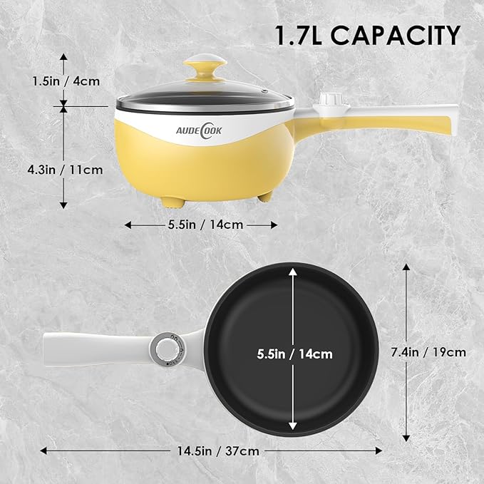 Audecook Hot Pot Electric, 1.7L Mini Electric Skillet Portable Nonstick Sauté Pan with Power Adjustment, Ramen Cooker Travel Multicooker for Steak/Soup/Egg/Oatmeal/Noodles