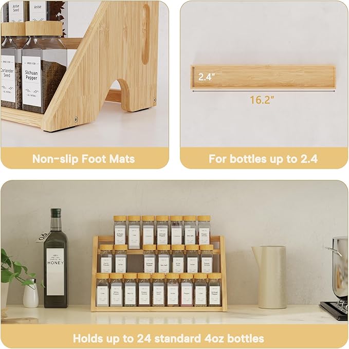 Bamboo Spice Rack Organizer -3-Tier Spice Rack for Countertop,Cabinet Spice Rack Organizer for 24 Spice Jars(4oz)，Step Shelf (yellow)