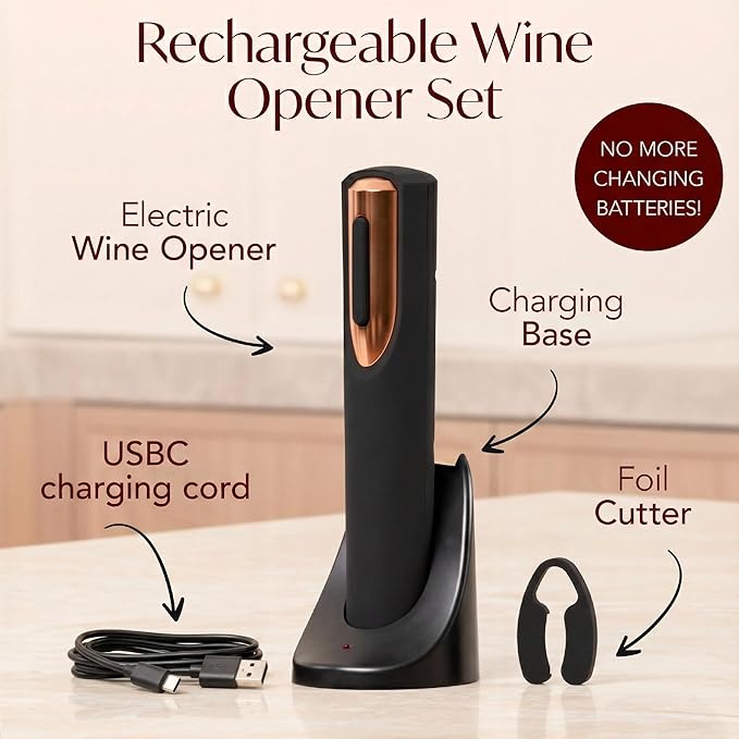 Rechargeable Electric Wine Bottle Opener - Charging Base and Foil Cutter Included with Automatic Wine Opener - Electric Corkscrew for Easy Cork Removal - Best Gift for Wine Lover (Black & Rose Gold)