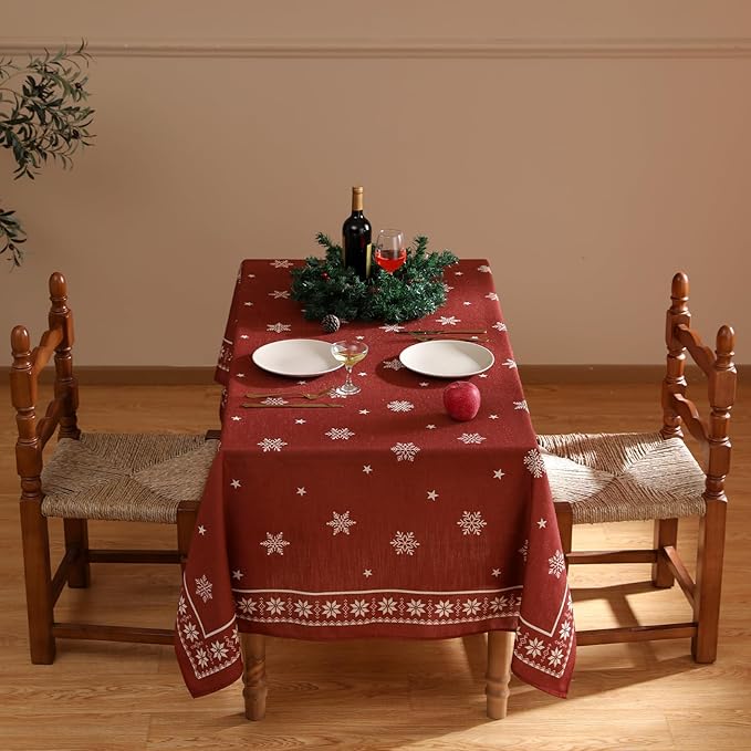 ISAENNE Designer Christmas Red Small Rectangular Tablecloth,Linen Table Cloth with Snowflakes Pattern,Wrinkle Resistant Decor Tablecloths for Dining Kitchen Thanksgiving Christmas,55"*71"-Carol C