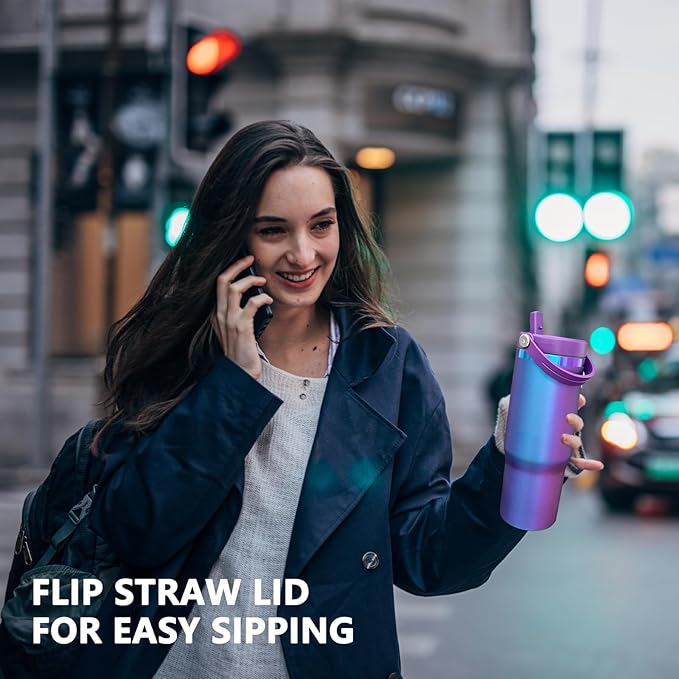 30 oz Tumbler with Handle and Straw, Vacuum Insulated Tumblers with Flip Straw and Top Handle, Leakproof Powder Coated Tumbler, Stainless Steel Travel Mug for Coffee Water (BluePurple, 1 Pack)