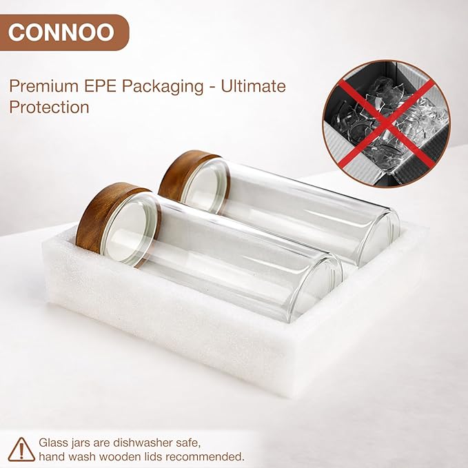 CONNOO 2-Pack 50oz Glass Storage Containers with Wood Lids – 120 Waterproof Labels Included – Tall Airtight Pantry Organizers for Short Pasta, Flour – Modern Kitchen Decor