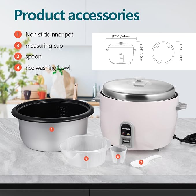 Commercial Rice Cooker, Large Capacity 30-Cup (UnCooked), 60-Cup (Cooked) with One Touch Operation and 12-Hour Keep Warm, Easy to Use and clean, 1600W, White