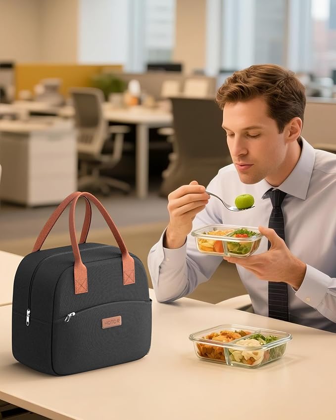 HOTOR Lunch Bag for Women & Men - Wear-Resistant Insulated Lunch Box with Large Capacity, Multi-Functional Cooler Bag for Office, Picnic, Black, 10L,10.60" x 5.90" x 9.50"
