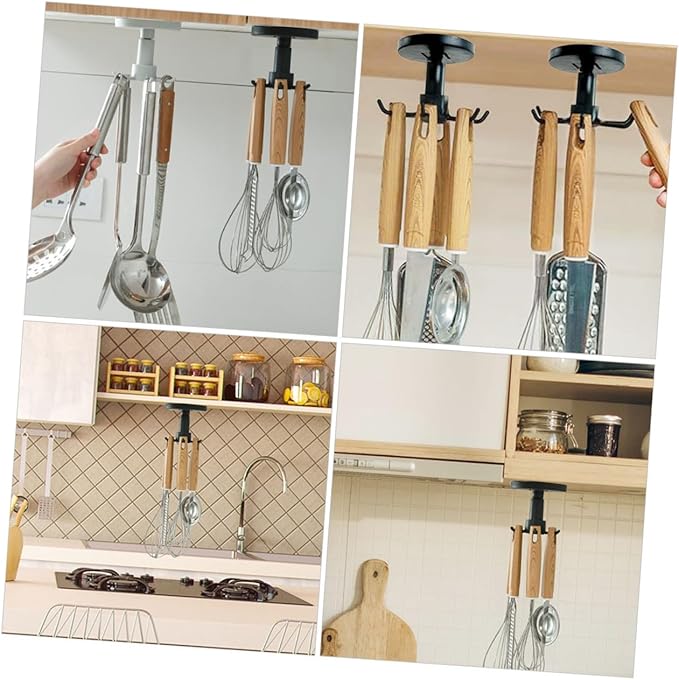 TOYANDONA 3pcs Kitchen Utensil Hooks Set with Rotating Black Hanging Organizer, Nail-Free Under Cabinet Cooking Sundries Holder for Spoon, Spatula, and Ladle Storage