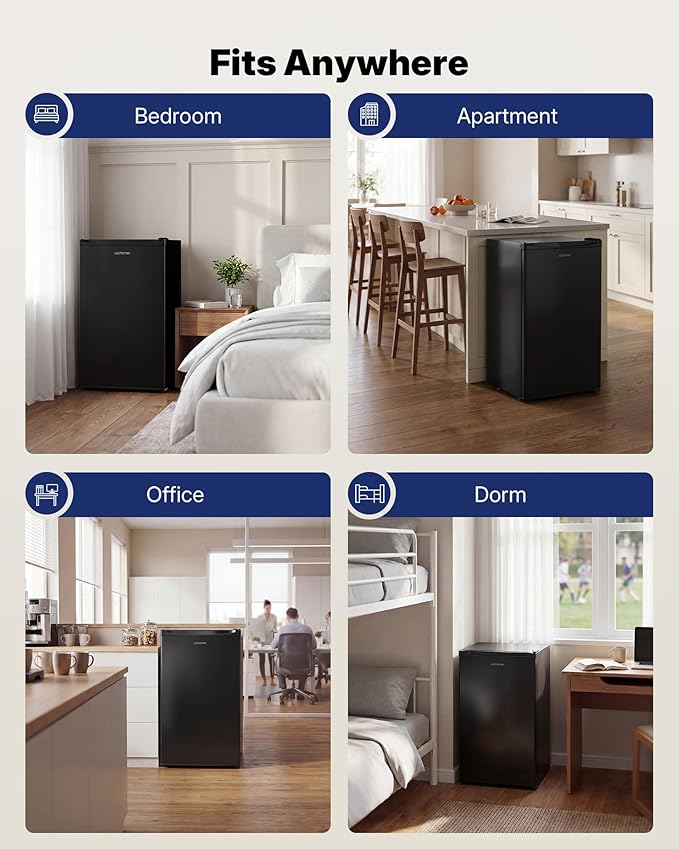 Upstreman 3.2 Cu.Ft Mini Fridge with Freezer, Single Door Compact Refrigerator, Adjustable Thermostat, Small Refrigerator for Dorm, Bedroom, Office, Black-BR321