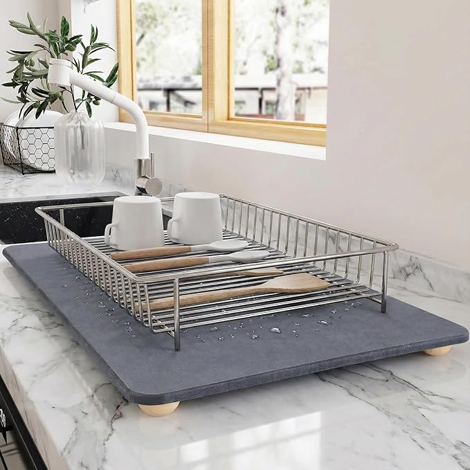 Stone Drying Mat for Kitchen Counter with 5 Wooden Feet, 19.7"×14.7" Diatomaceous Earth Dish Drying Mat, Elevated Drying Stone Mat for Modern Kitchen Countertop (Dark Gray, Standard-Solid)