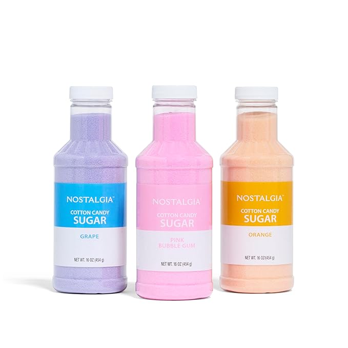 Nostalgia Cotton Candy Flossing Sugar (3-Pack), Grape, Pink Bubble Gum, Orange - Three 16-oz Bottles of Cotton Candy Sugar Mix - 96 Small to Medium Cone Servings