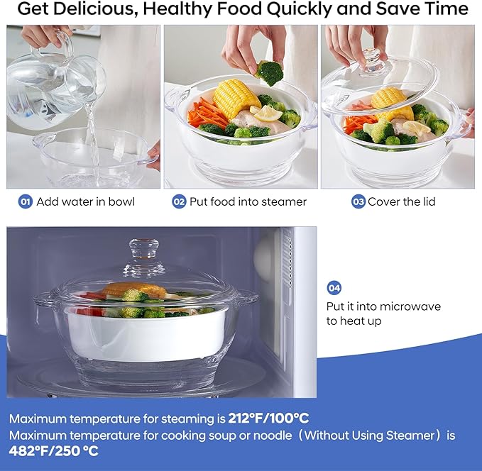 Glass Microwave Steamer for Vegetables, Broccoli, Fish & Food – Oven Safe Steamer Bowl for Cooking, BPA-Free, Odorless & Dishwasher Safe（1.5L）